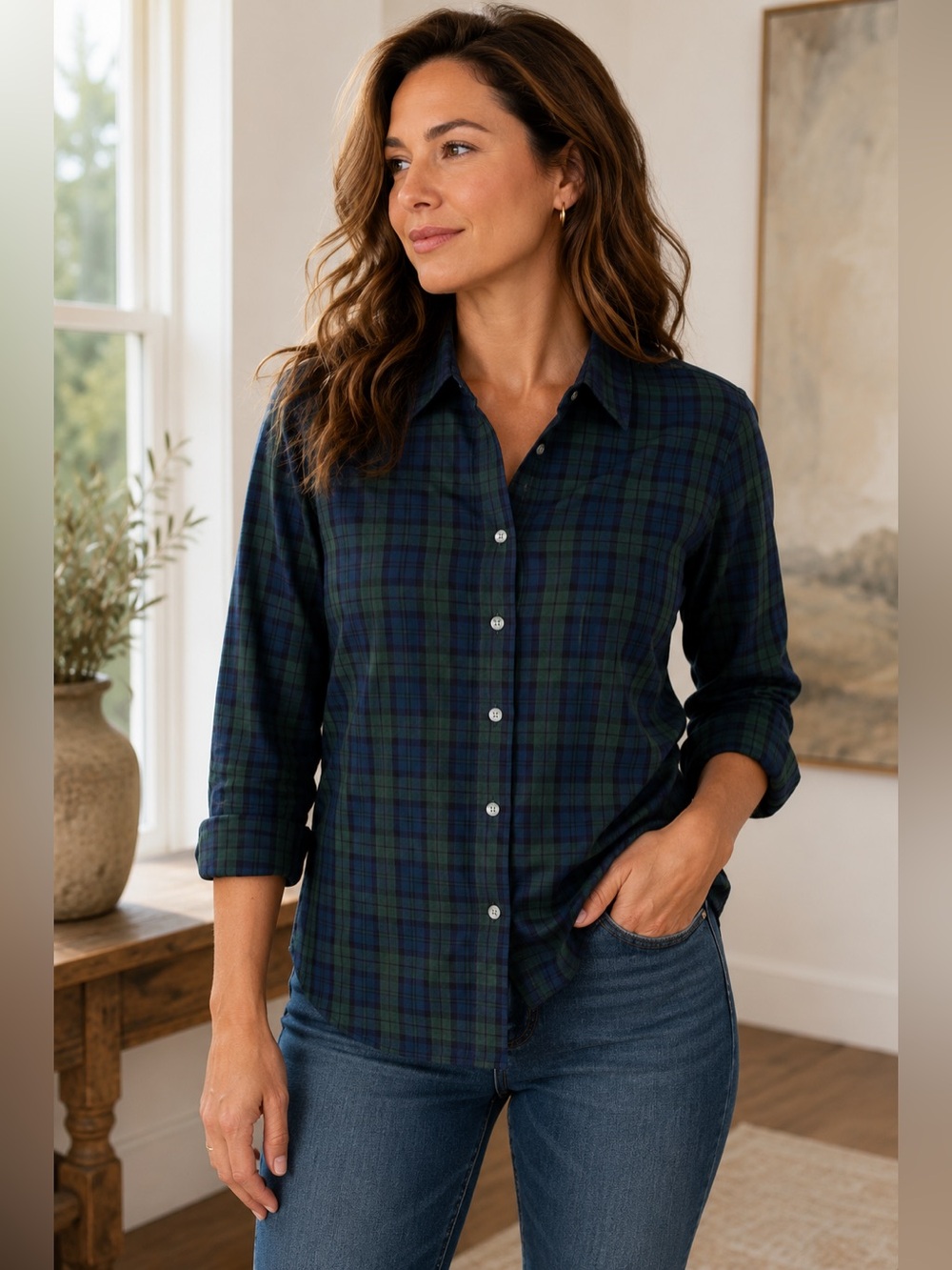 Pendleton Fitted Cotton Plaid Button Down Shirt Green Blue Women’s Large